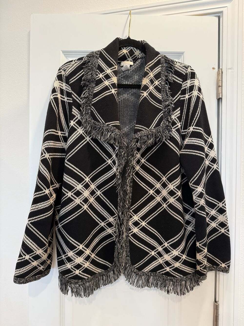 Chico's Black and White Plaid Open Front Cardigan Sweater with Fringe Trim Size